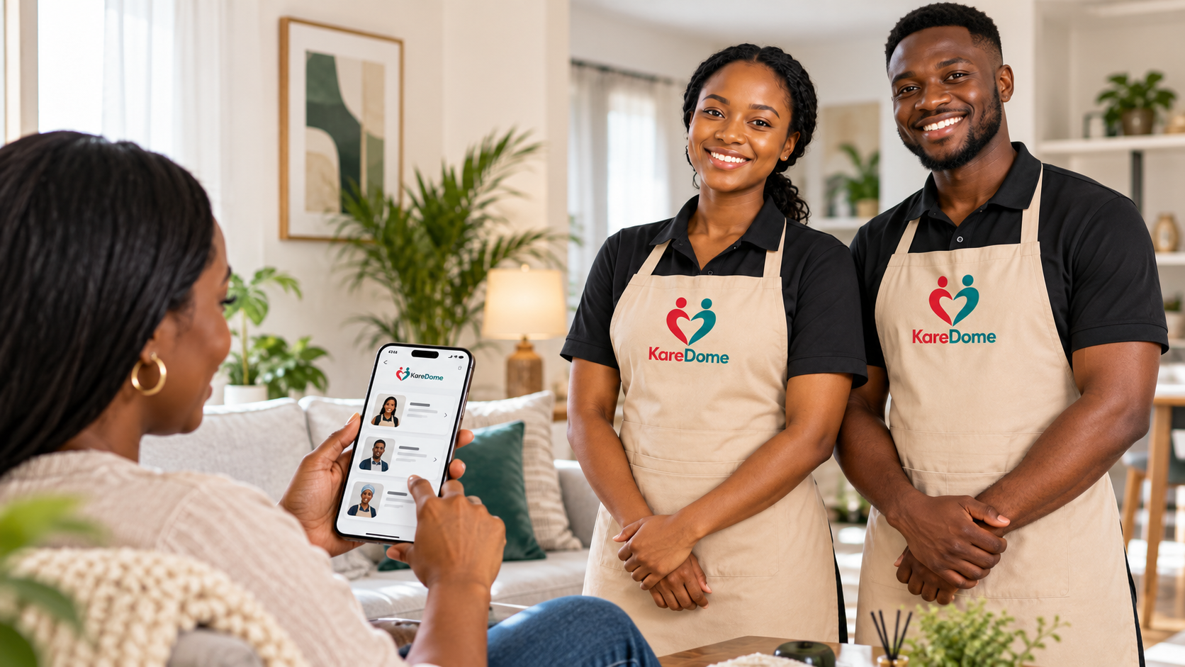 Illustrative KareDome scene: a client browsing providers on her phone beside a woman and man wearing black polos and beige branded aprons.
